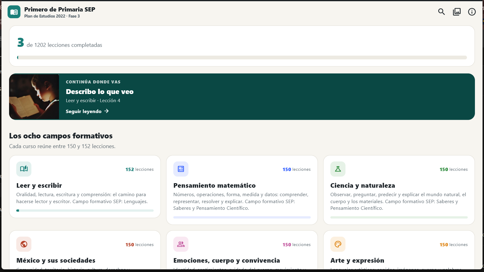 Pantalla de inicio con los ocho cursos del grado