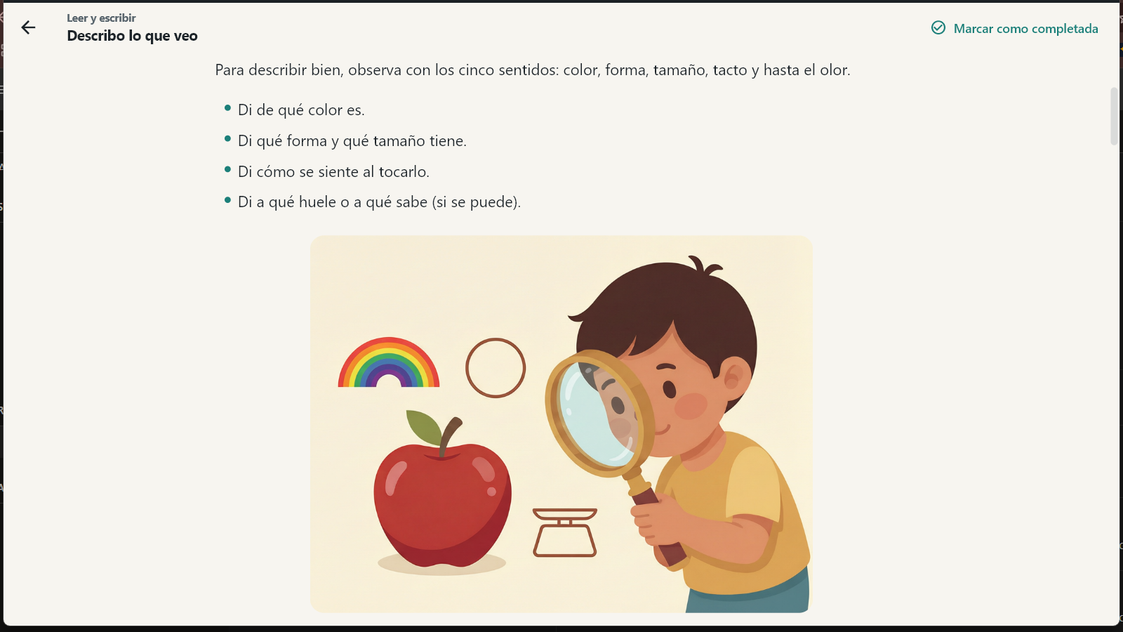 Lección de Primero de Primaria SEP con su ilustración y el texto del contenido