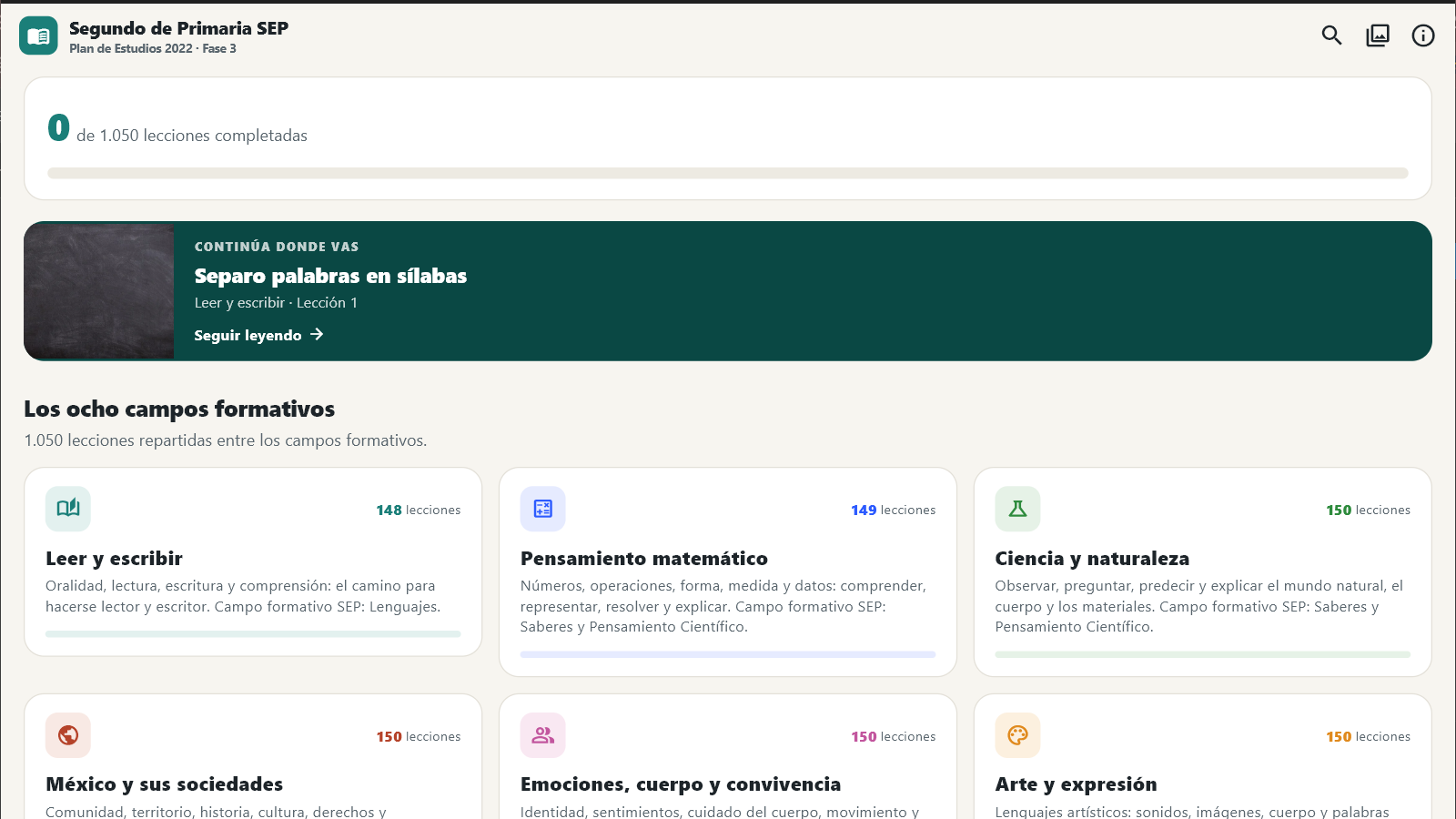 Pantalla de inicio con los ocho cursos del grado