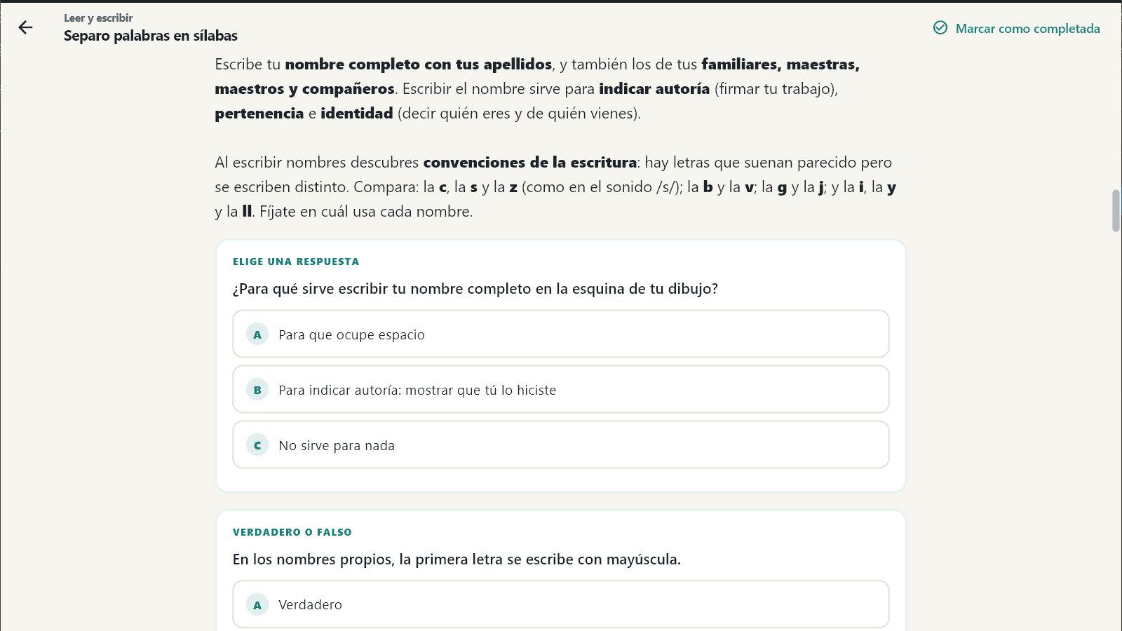 Lectura con una actividad de opción múltiple y una de verdadero o falso