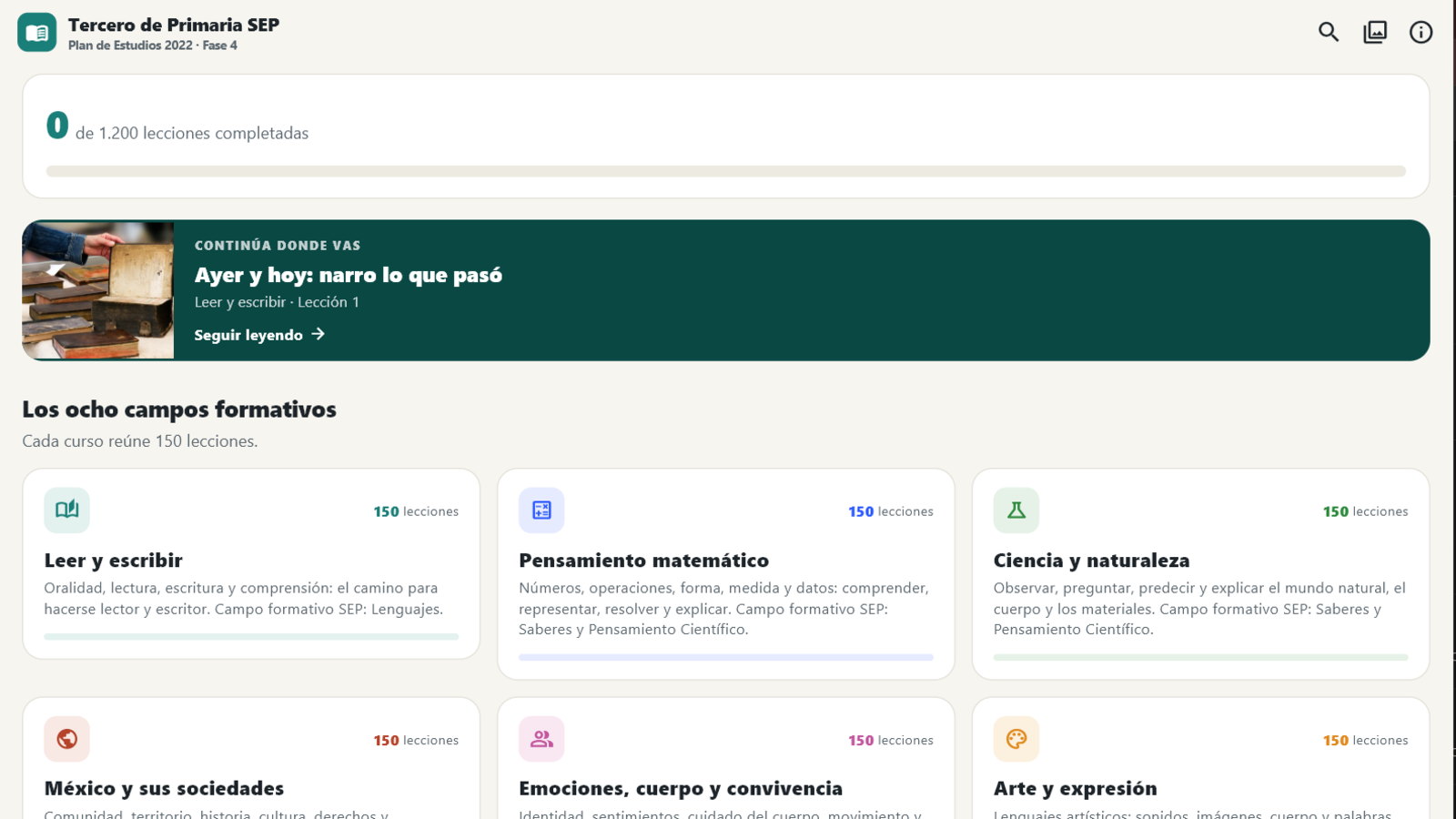Pantalla de inicio con los ocho cursos del grado