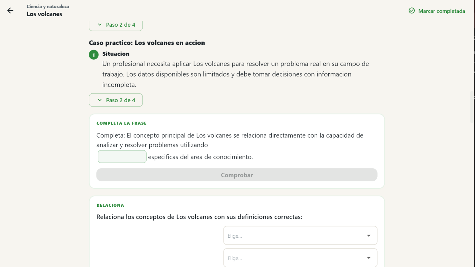 Lección con una actividad de completar la frase y una de relacionar conceptos